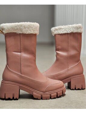 Chunky Heel Winter Boots With Faux Fur Lining Side Zipper And Lug Soles – Trendy